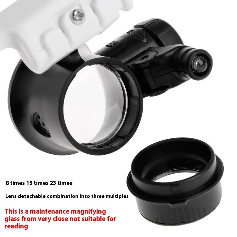 White head mounted magnifying glass with folding arms and LED light for watch and circuit board repair