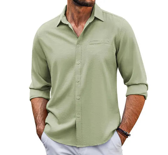 Men's grey long sleeve casual shirt with a polo collar and a white lace detail on the chest pocket.