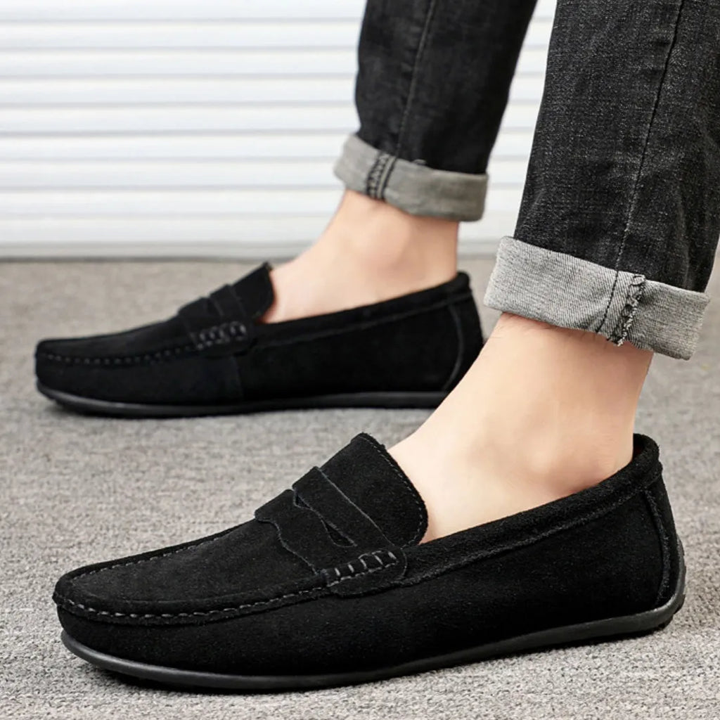 Men's suede slip-on loafers in solid colours with round toe and rubber sole