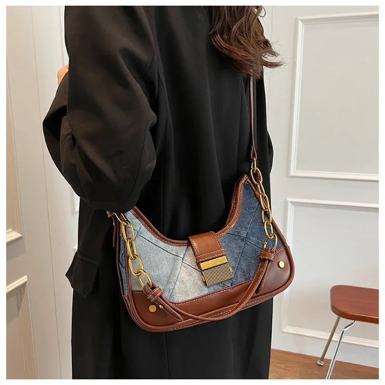 Brown soft denim women's bucket shoulder bag with diamond mesh panels and chain strap