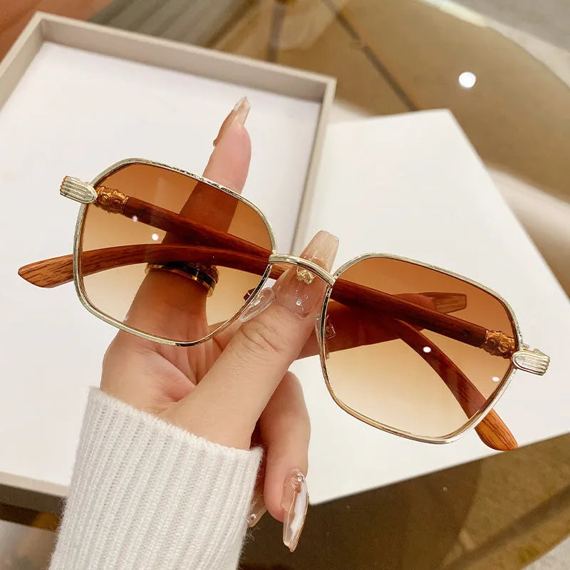 Women's frameless glasses with gold alloy wood grain frame and coloured lenses