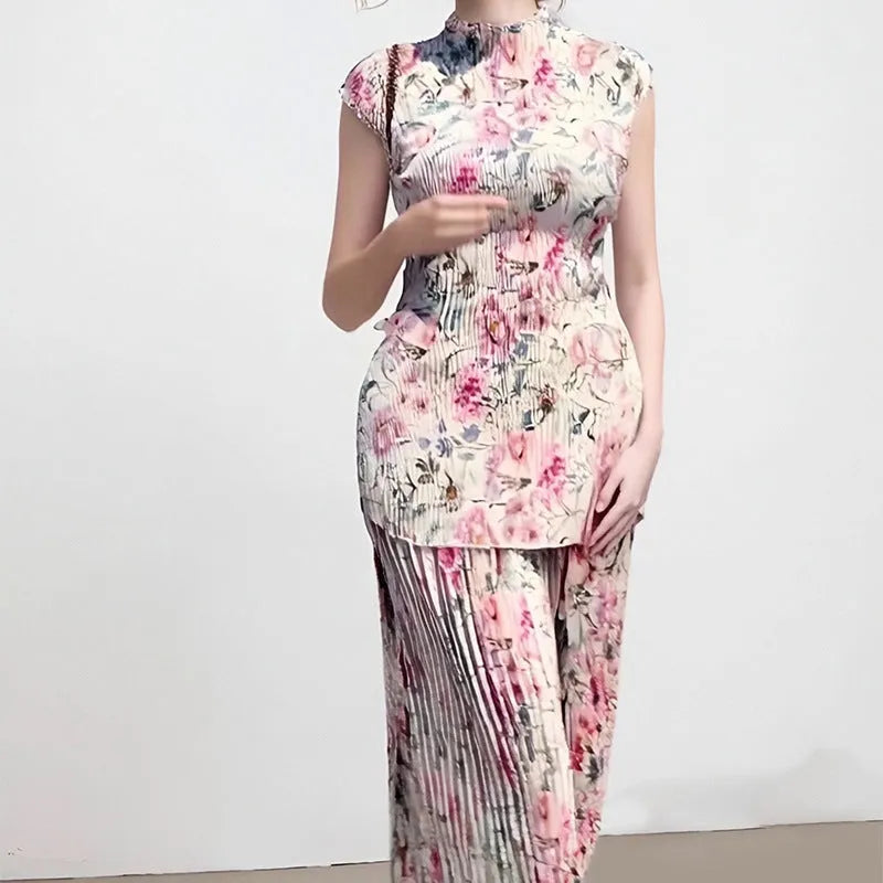 Women's long sleeve printed chiffon dress with high waist, shown in picture colour.