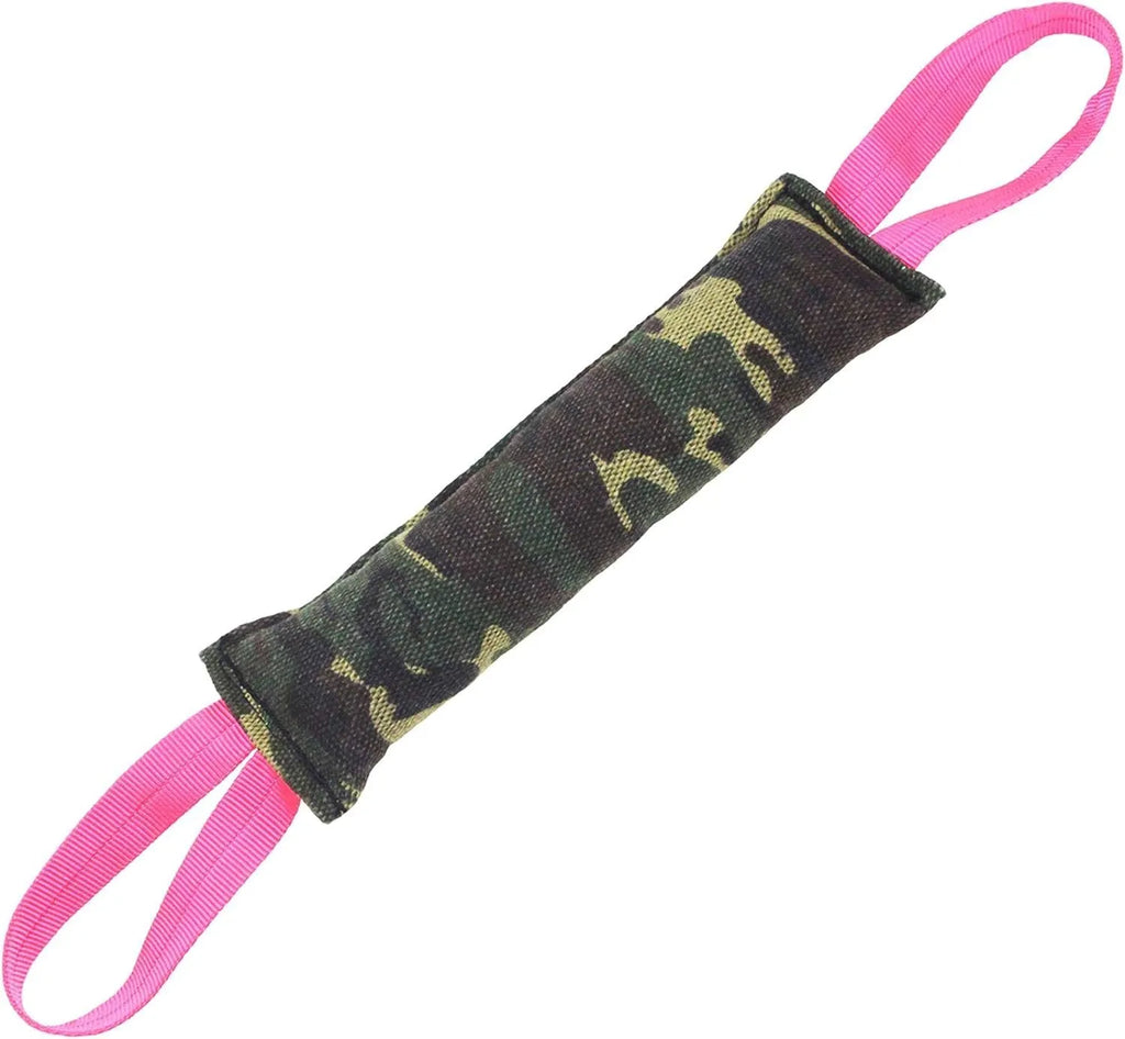 Beige jute dog tug toy with two handles showing double stitching along biting sleeve