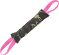 Beige jute dog tug toy with two handles showing double stitching along biting sleeve
