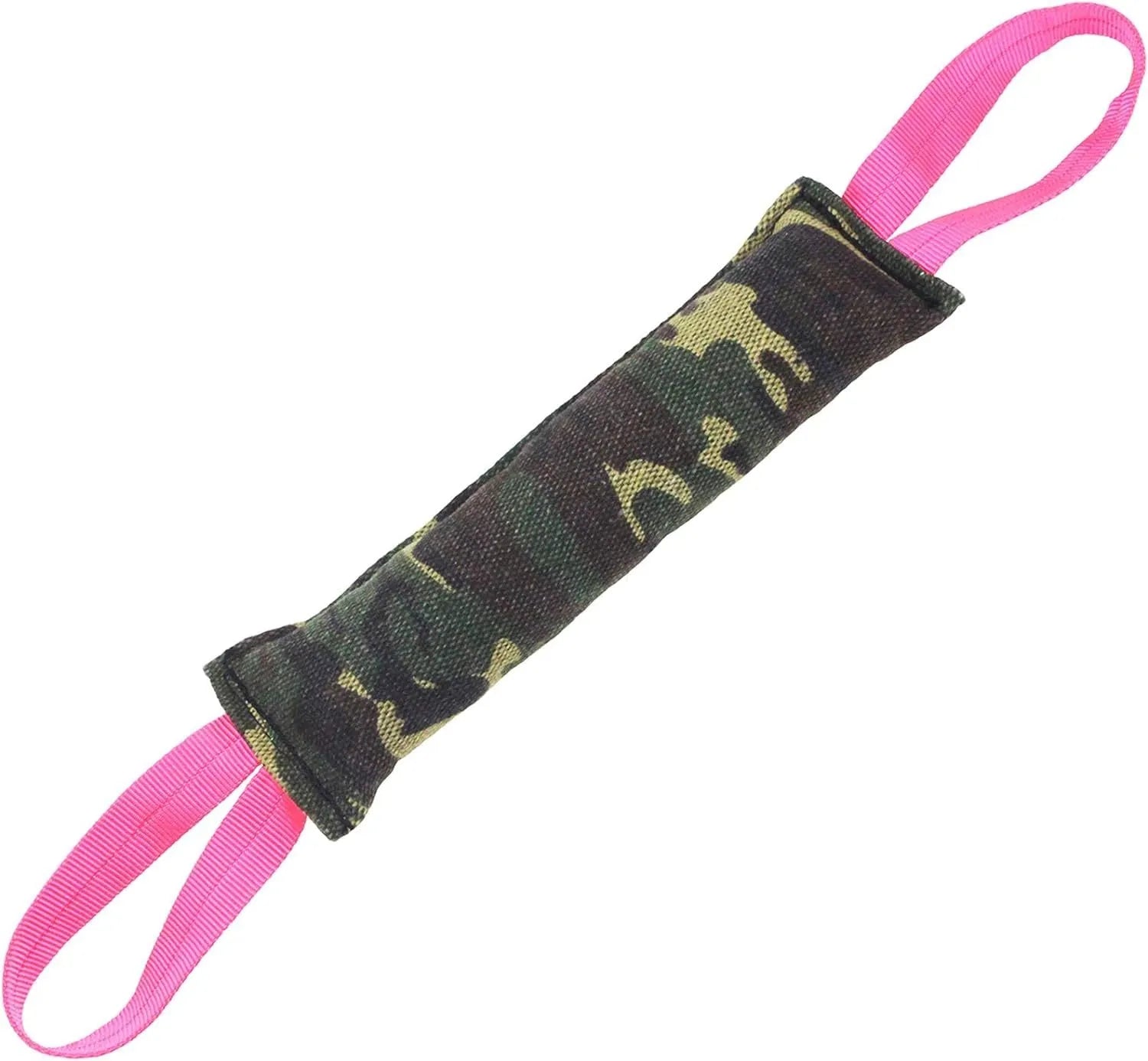 Beige jute dog tug toy with two handles showing double stitching along biting sleeve