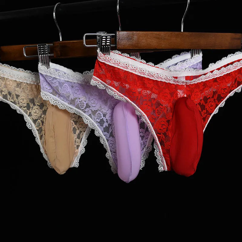 Men's black lace triangle briefs with vertical pouch design and low waist
