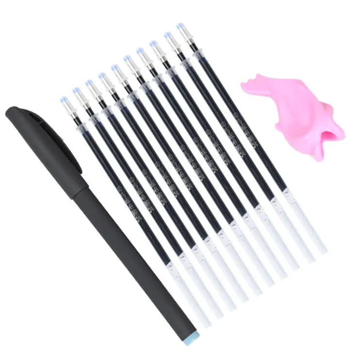 Automatic fading pen set with blue 0.5mm refills and pen holder on white background.