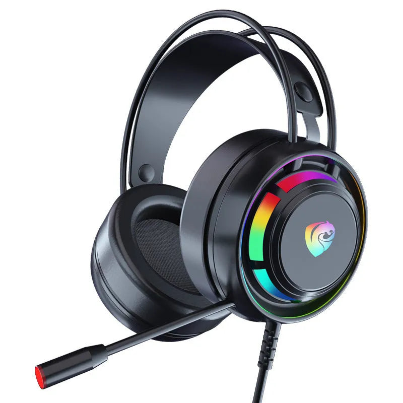 Black wired over-ear gaming headset with microphone and a long cable showing 3.5mm and USB plug options.