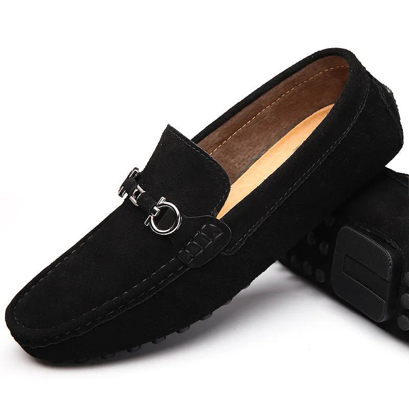 Men's black slip-on business casual leather shoes with square toe and matte finish