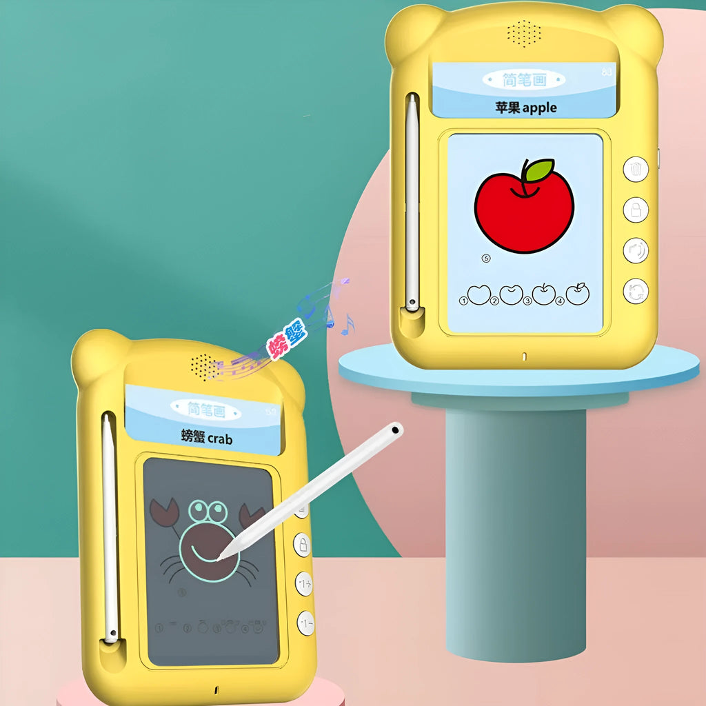 Yellow bilingual early learning machine with stick figure design and learning cards