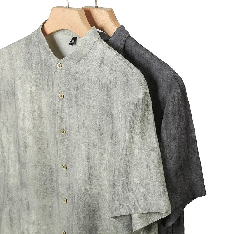 Men's loose fit short sleeve linen cardigan shirt with stand collar in black grey colour
