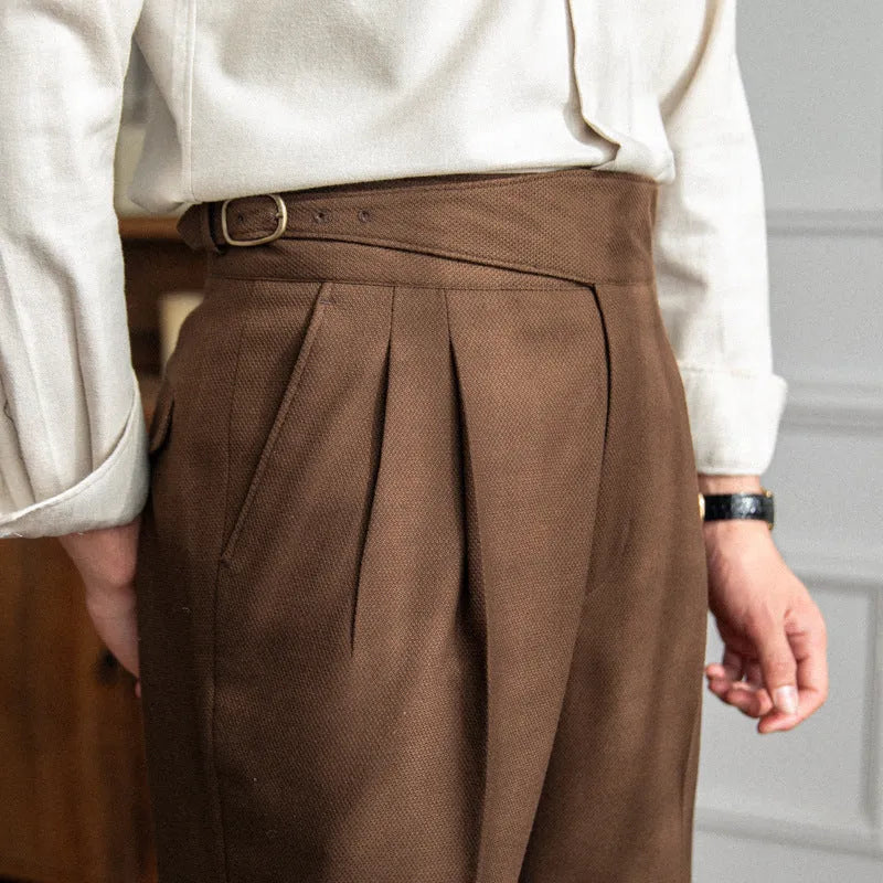 Men's black high-waisted straight leg casual trousers on a hanger