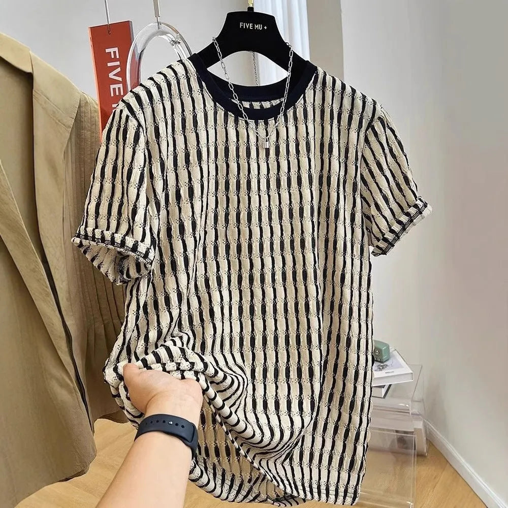 Black striped men's loose fit casual short sleeve pullover shirt on a hanger.