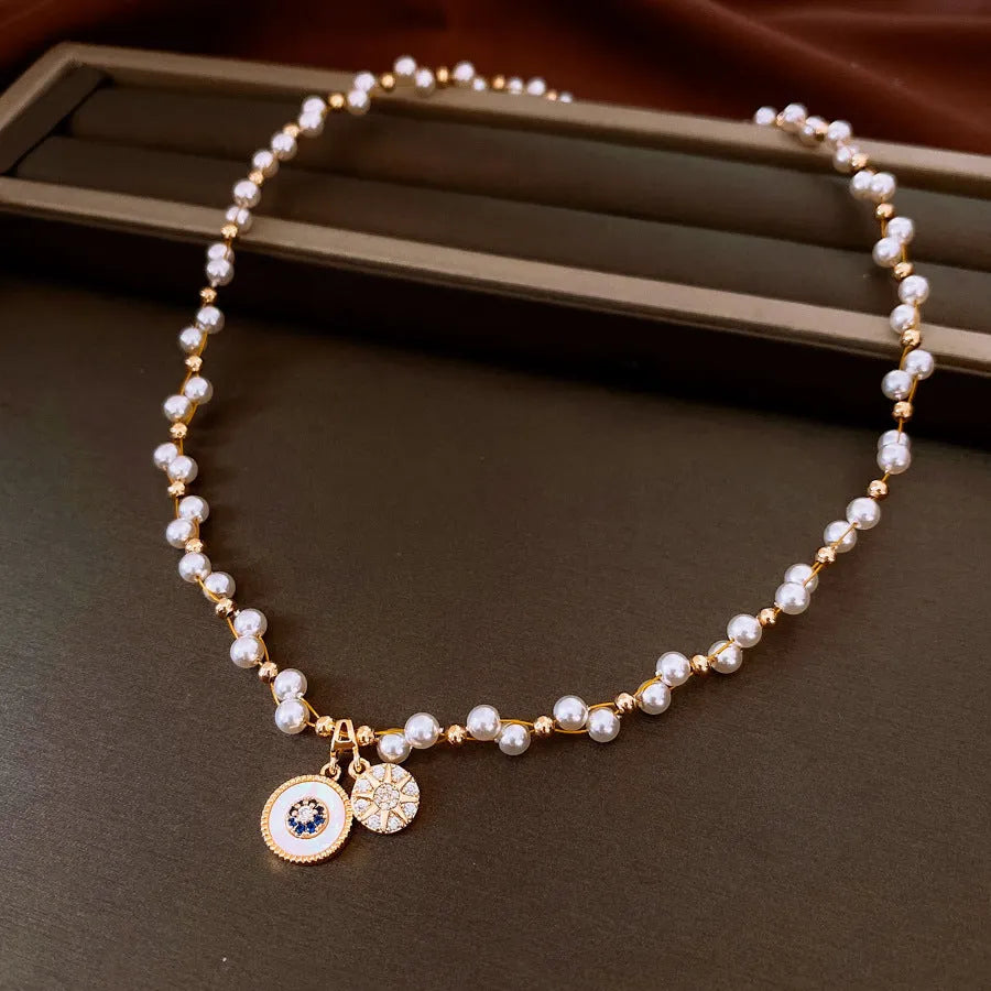Real gold electroplated zircon pearl pendant necklace with round geometry design on adjustable clavicle chain
