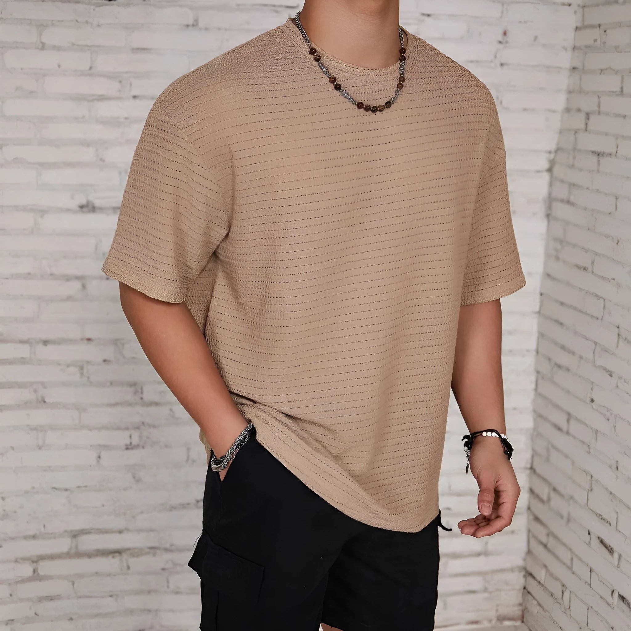 Men's slim-fit loose hollow polyester t-shirt in light blue colour.