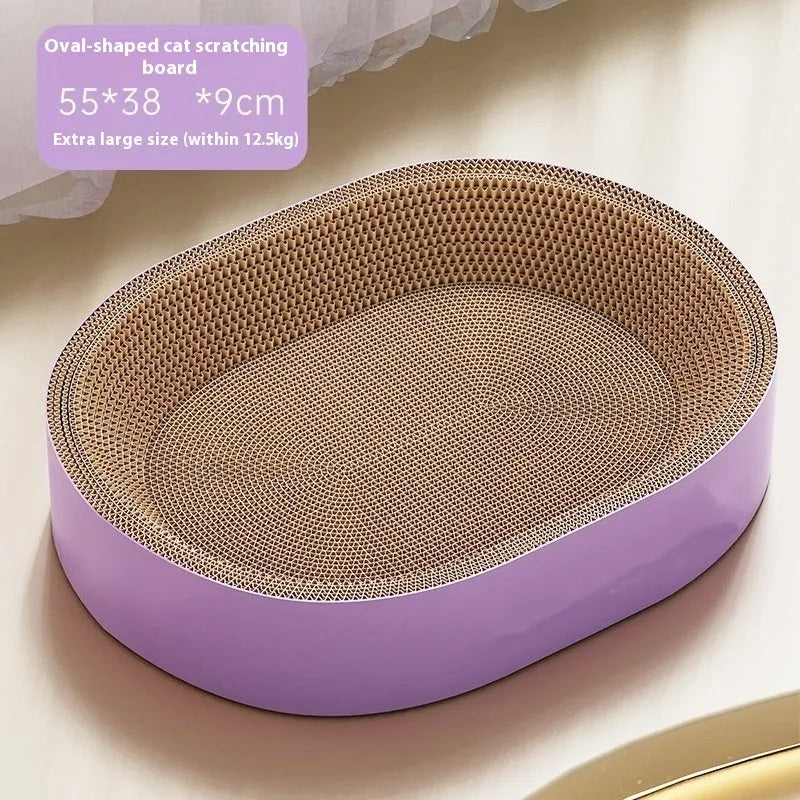 Large green oval cat scratch board and nest made from corrugated paper