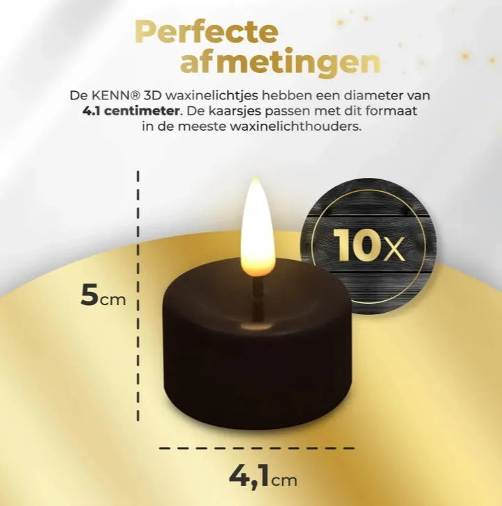 Four black LED flameless tealight candles showing their size and flickering flame effect.