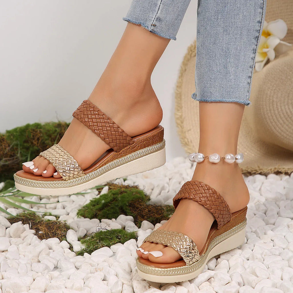 Women's gold wedge sandals with adjustable back strap and rubber sole for plus size feet
