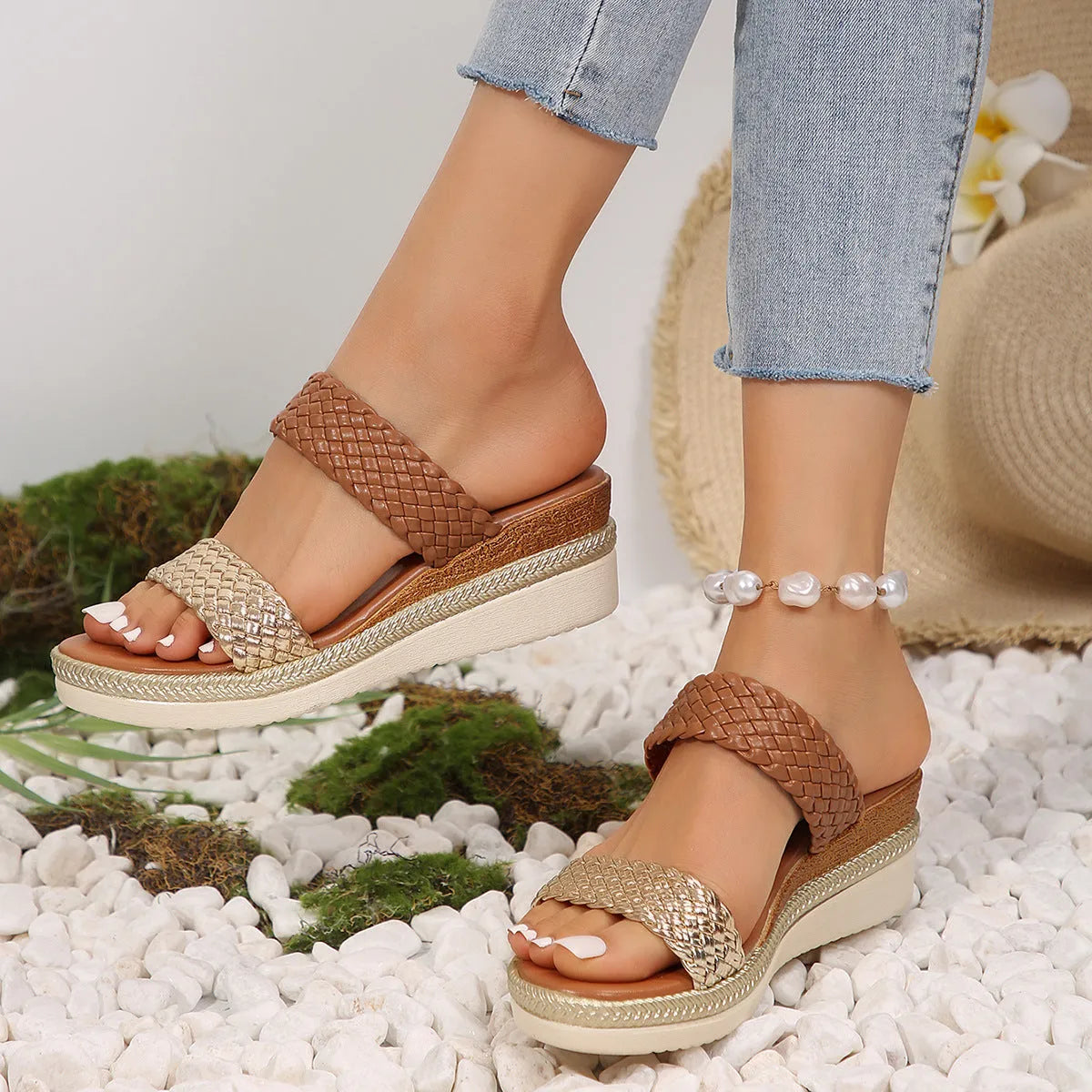 Women's gold wedge sandals with adjustable back strap and rubber sole for plus size feet