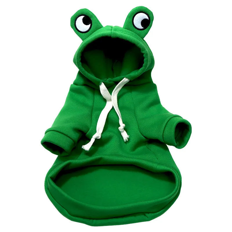 Green frog costume hoodie on small dog showing frog pattern design and hoodie style