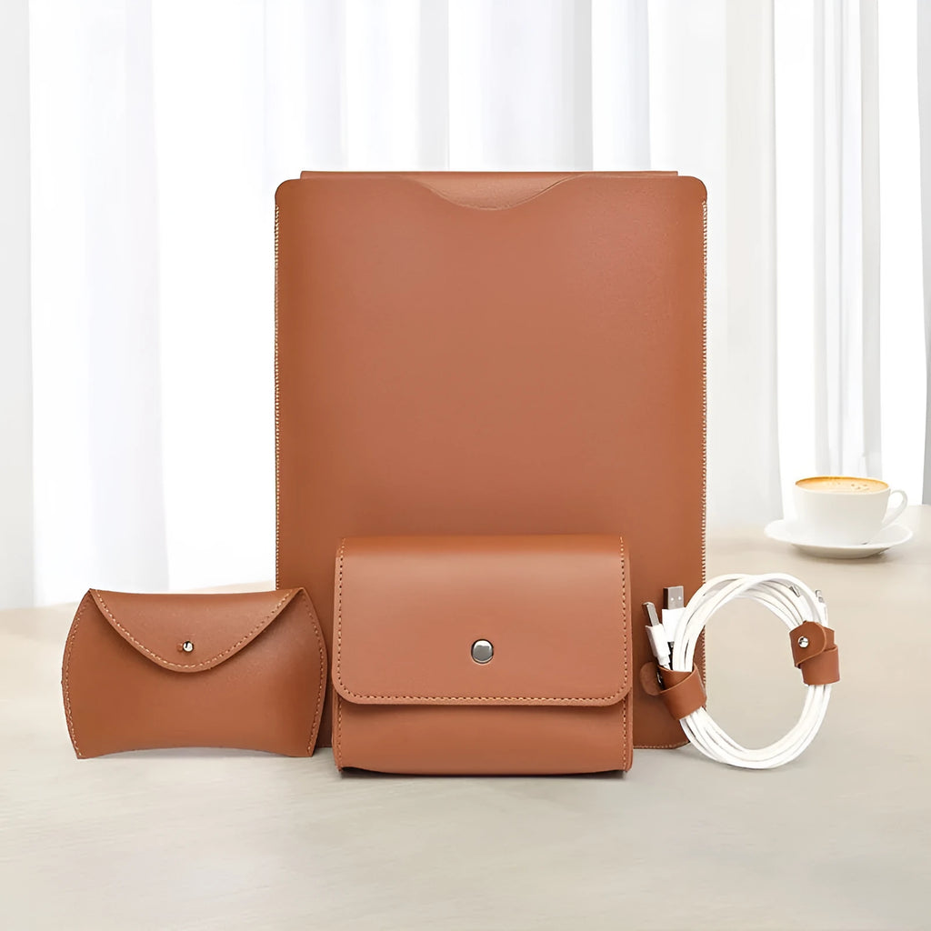 Four-piece set of imitation leather lock edge protective covers for MacBook Pro laptops in apricot, brown, grey, and pink.
