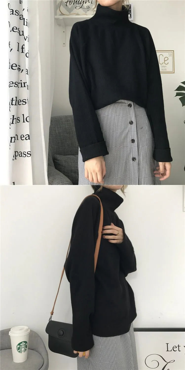 Women's loose fit long sleeve top with half-high collar in solid colour