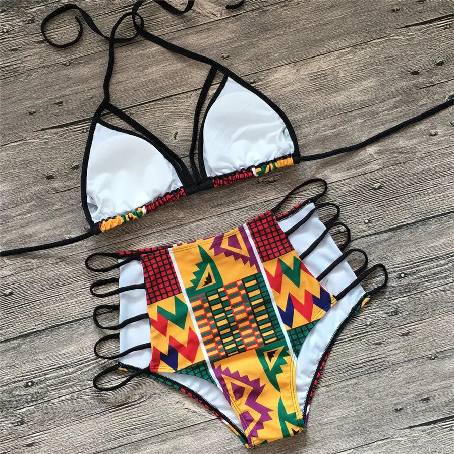 Women's high-waist bikini swimsuit with digital pattern and backless design.