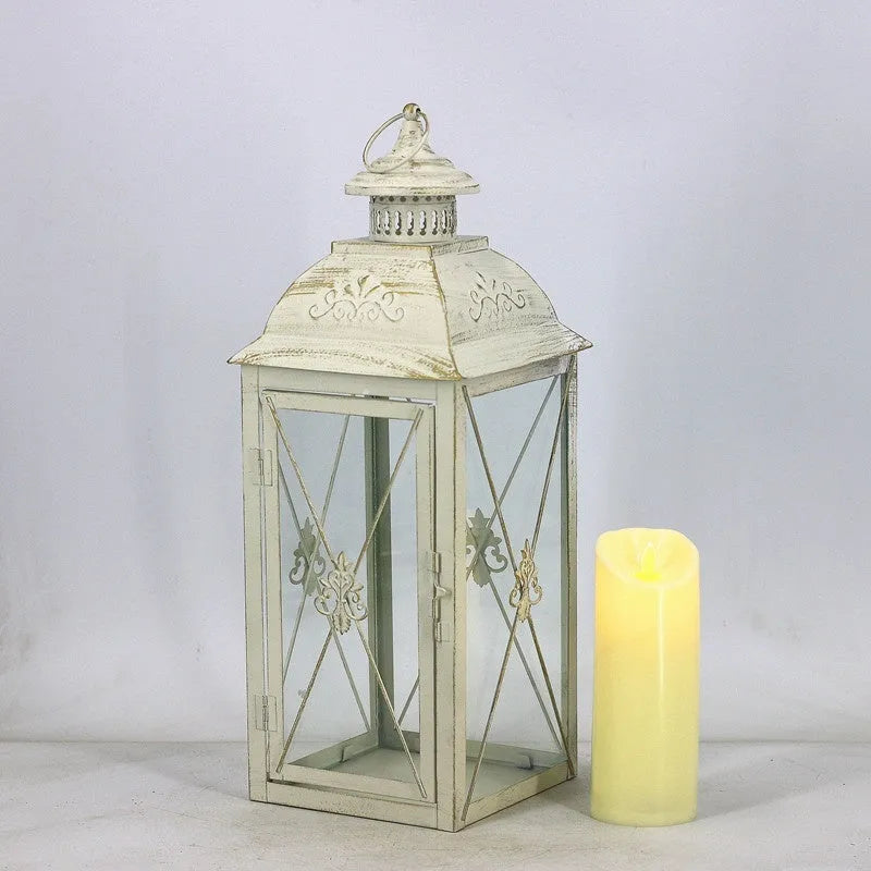 European style black and white wrought iron floor-standing storm lantern with tempered glass for courtyard decoration