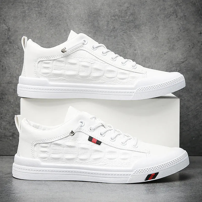 White men's lace-up casual sneakers with round toe and flat rubber sole