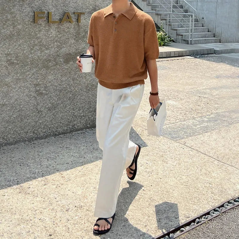 Retro knitted polo shirt for men with asymmetric design in caramel colour, showing short sleeves and loose fit