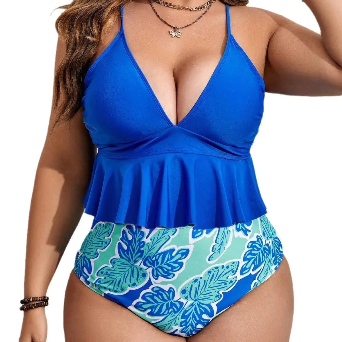 Blue polyester bikini set with separate top and briefs in extended sizes 0XL to 4XL