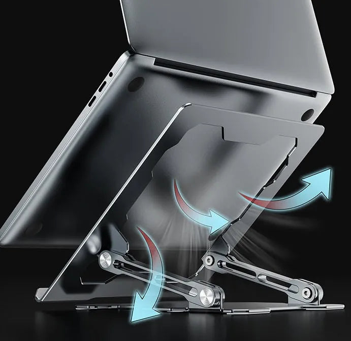 Grey aluminum laptop stand shown at an adjustable angle, folded flat, and holding a silver laptop.