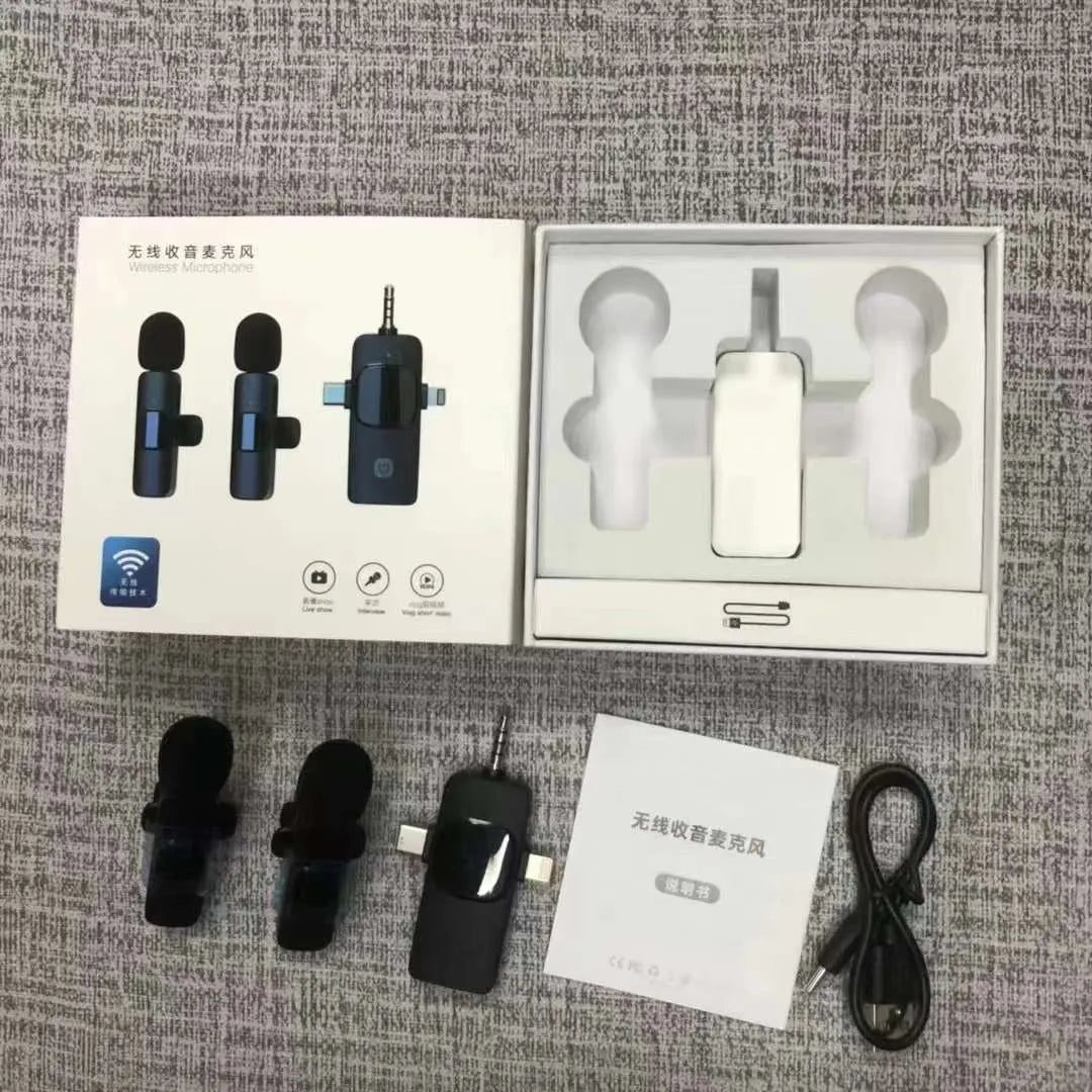 Wireless collar clip lavalier microphone with smartphone connector options for Type-C, Lightning, and 3.5mm jacks.