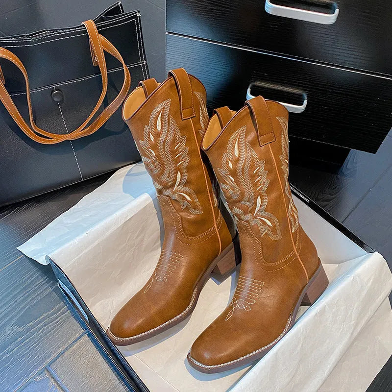 Brown women's mid-calf embroidered Martin boots with leather lining and decorative totem patterns
