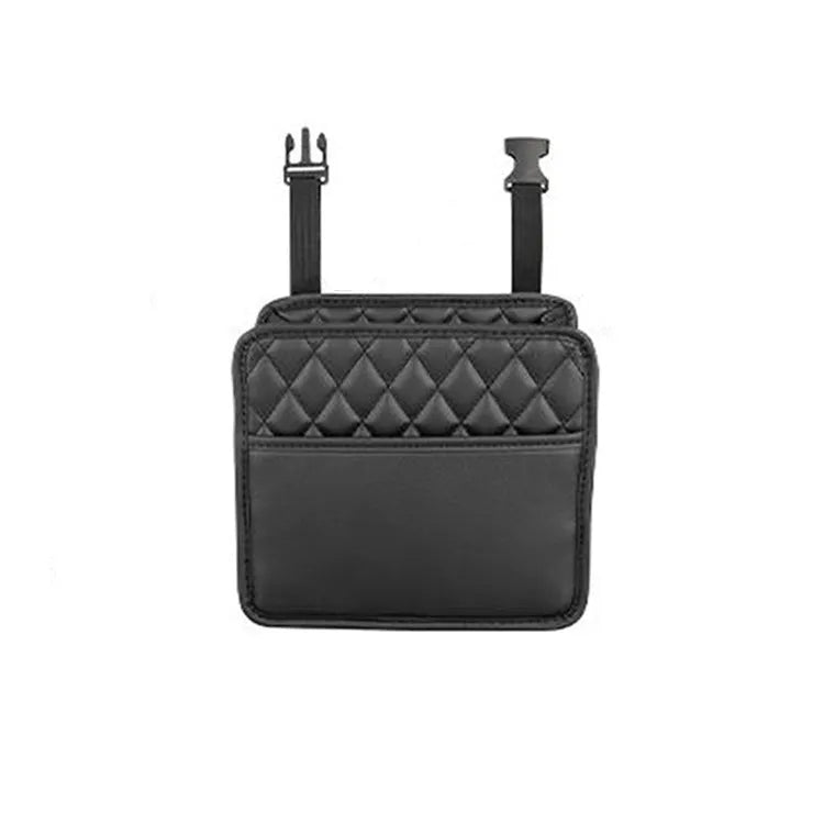 Leather car interior hanging storage bag in colour choice, showing handle and 25cm dimensions.