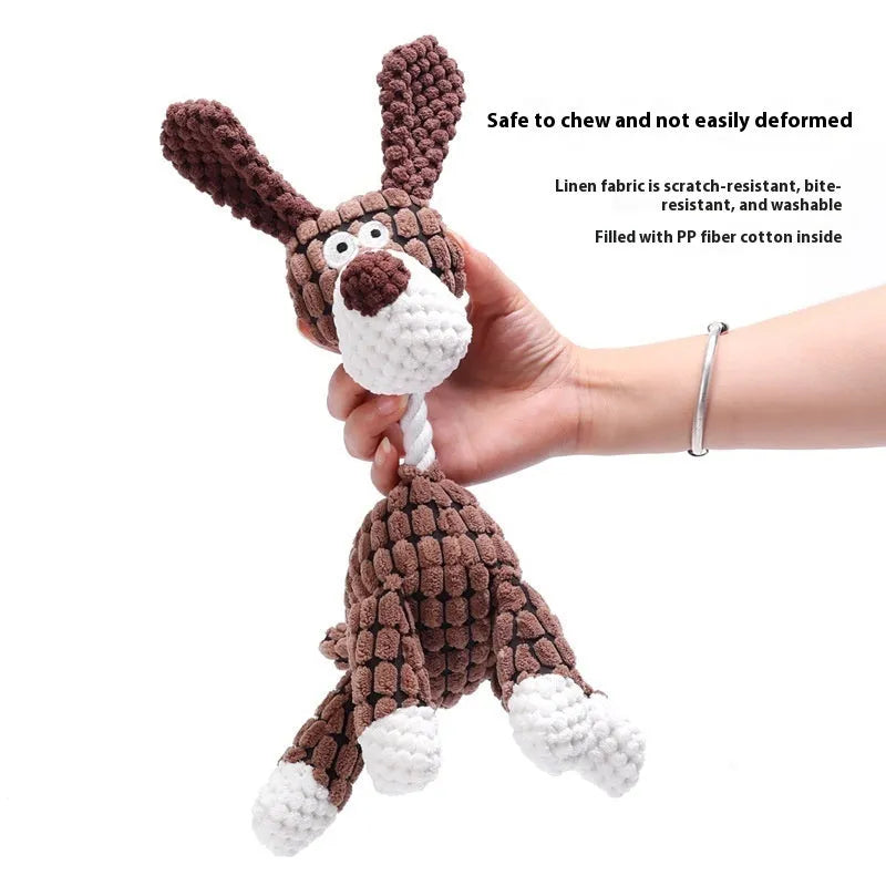 Assortment of bite-resistant plush pet toys including donkey, duck, elephant, and dog styles for puppy chewing.