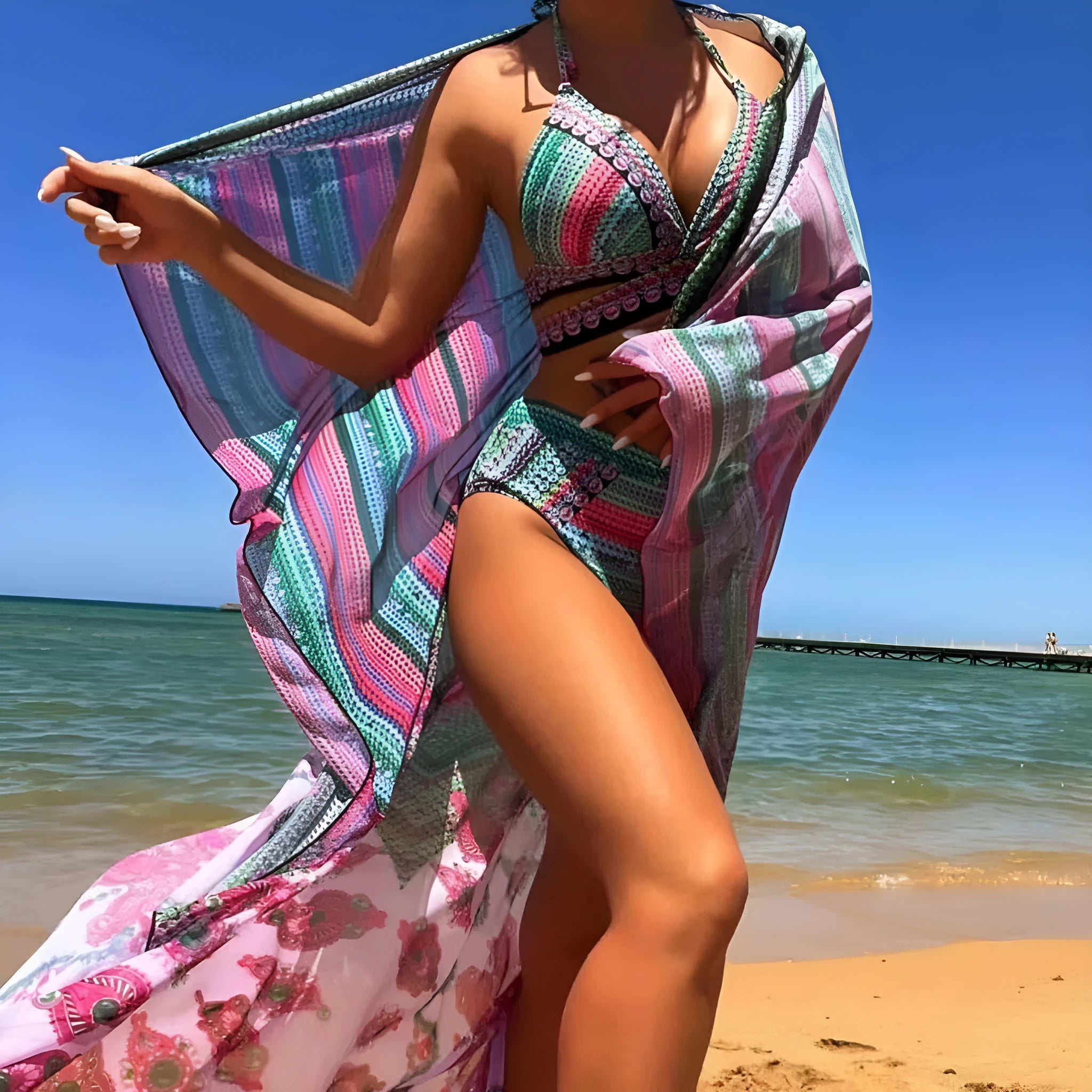 Blue cross bandage bikini swimsuit three-piece set with high waist veils and split design