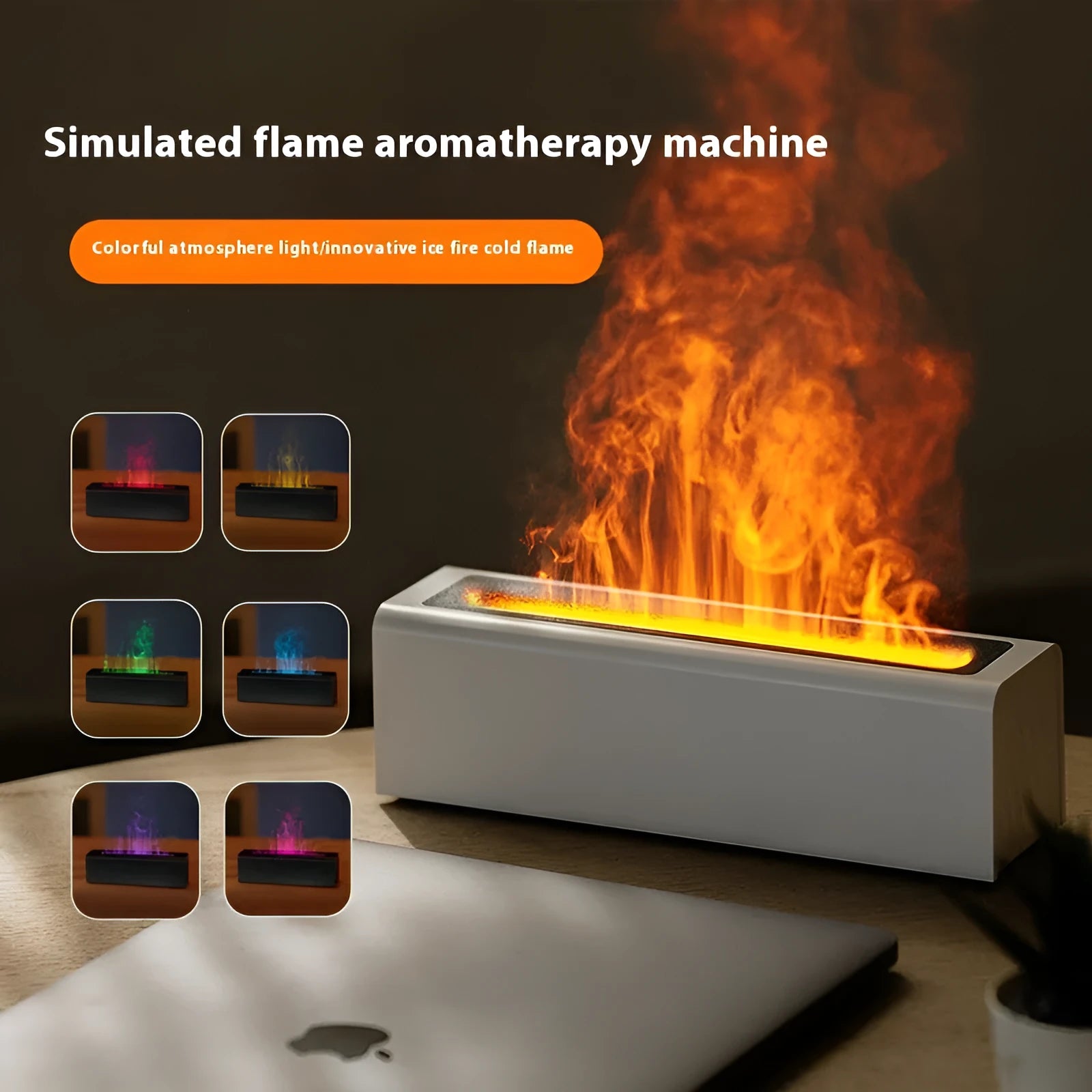 Square USB aroma diffuser with colourful flame lighting effect and water mist emission