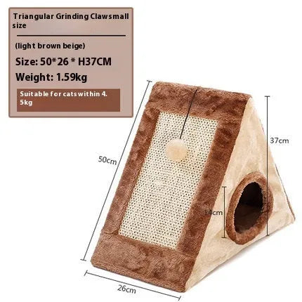 Grey and white triangle-shaped cat scratching post with an integrated fleece fabric bed.