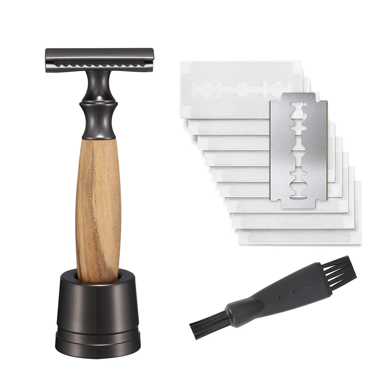 Copper safety razor with olive wood handle next to aluminium alloy blade holder and blades