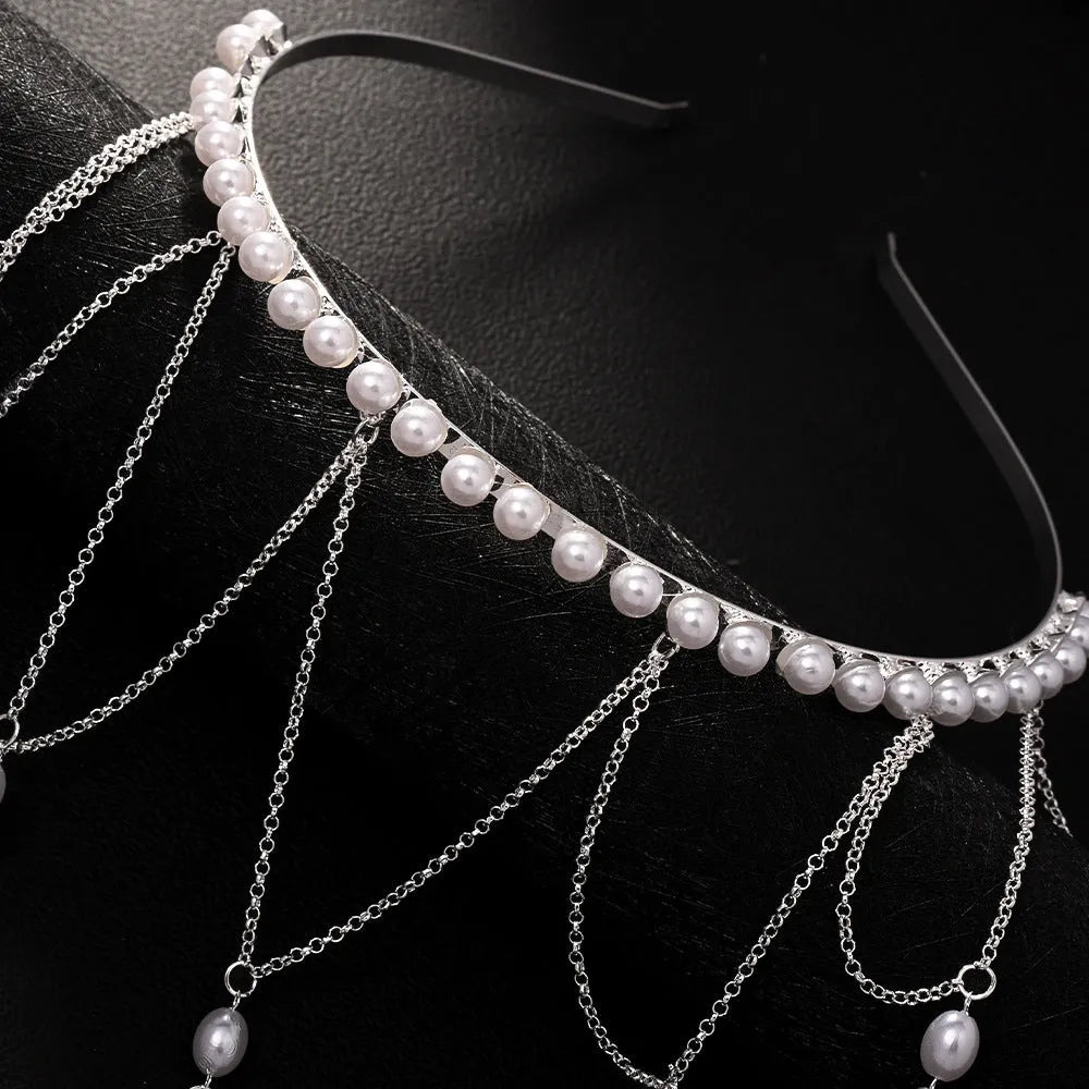 Gold and silver mesh hair chain for women with pearls and tassels