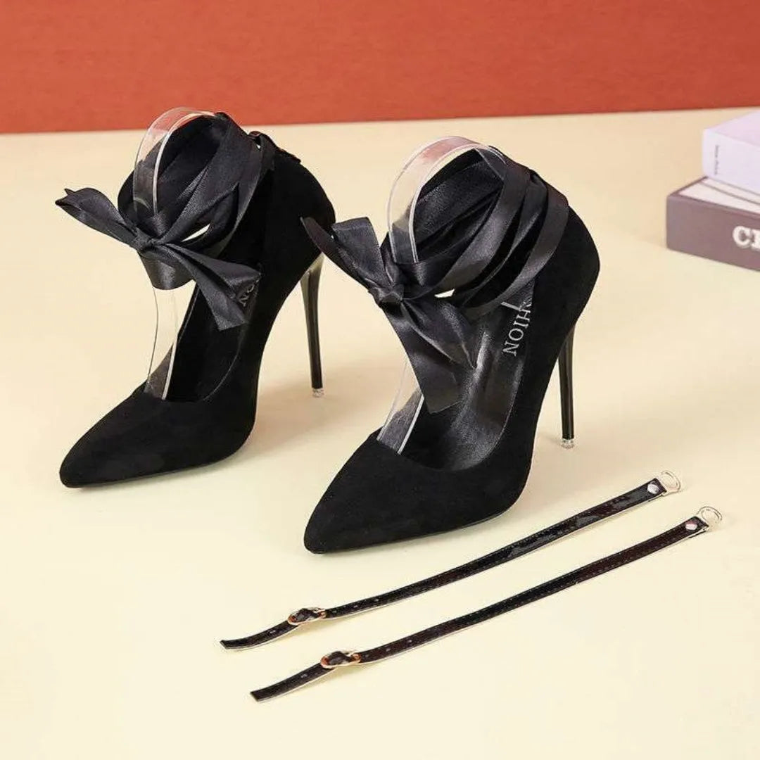 Women's black pointed toe platform high heels with a lace ankle strap and a thin shallow mouth design.