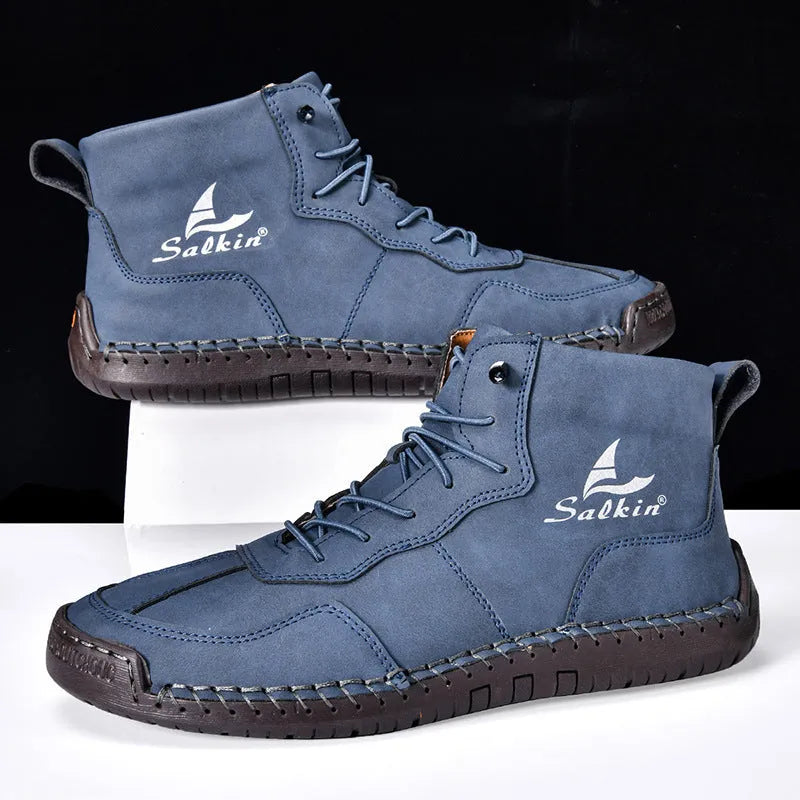 Retro high-top casual boots in artificial PU leather with frosted finish, round toe, and elastic band.