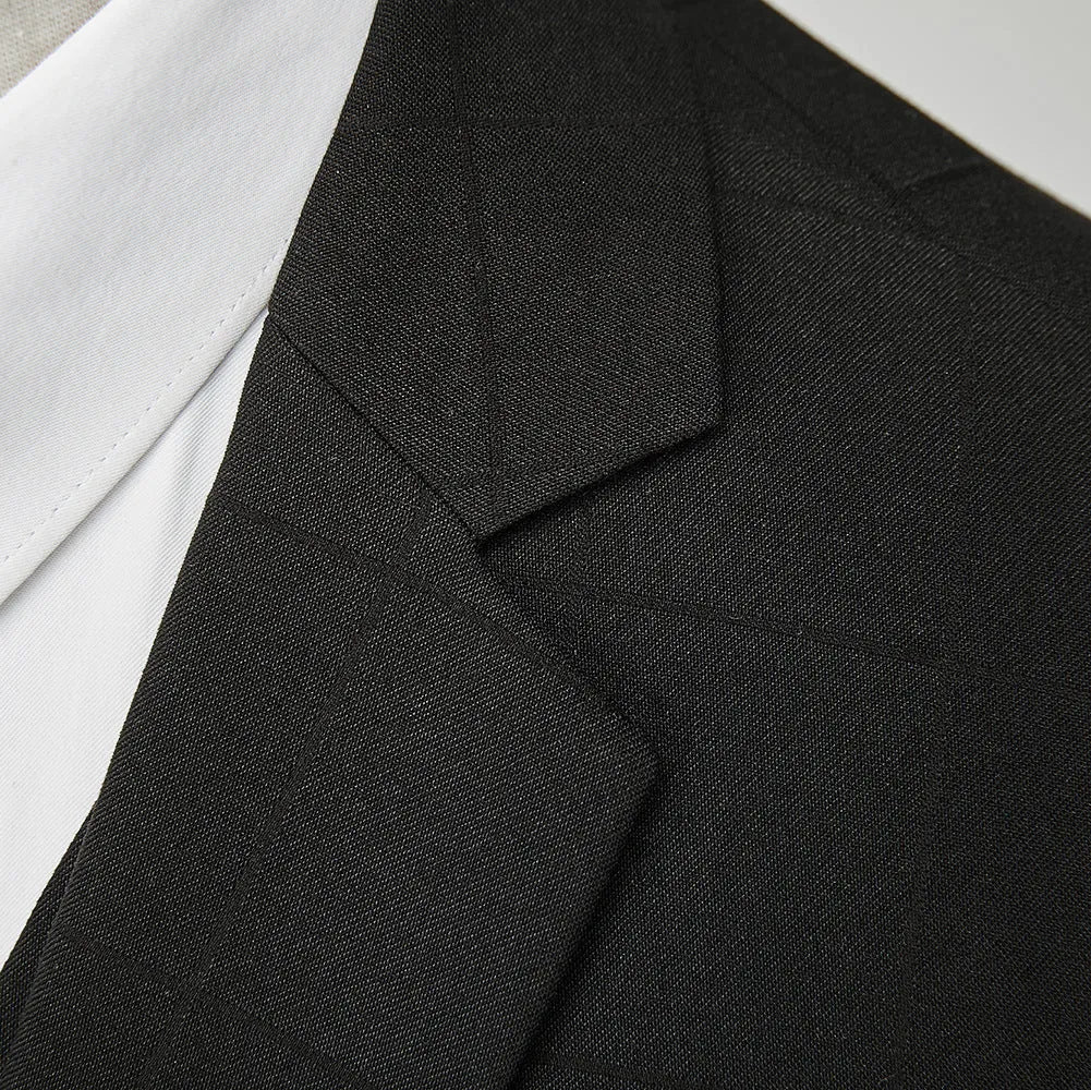 Men's navy blue slim fit plaid three-piece suit with vest, jacket, and trousers on a hanger.