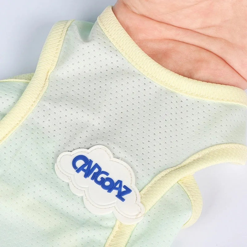 Cat wearing thin polyester summer vest in grass green colour with sports style design