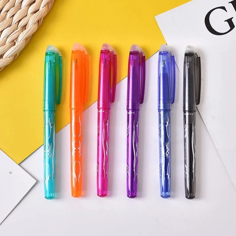 Heat-erasable gel pen set with plastic barrels and stainless steel nibs in multiple colours