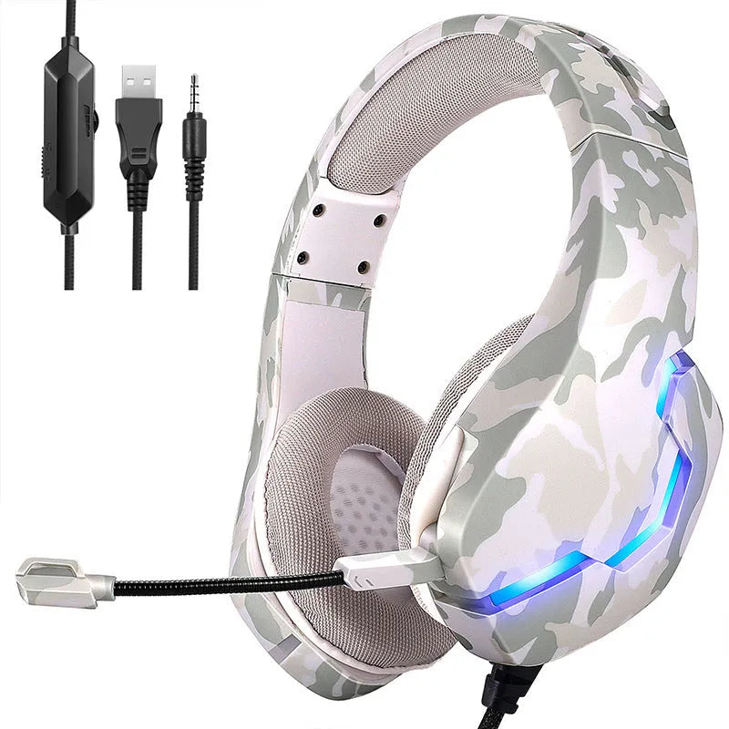 Wired gaming headset with cloth earmuffs and braided cable in camouflage blue colour