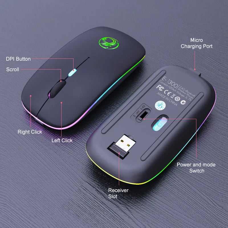 Black and white luminous wireless mouse with blue glowing scroll wheel indicating low battery