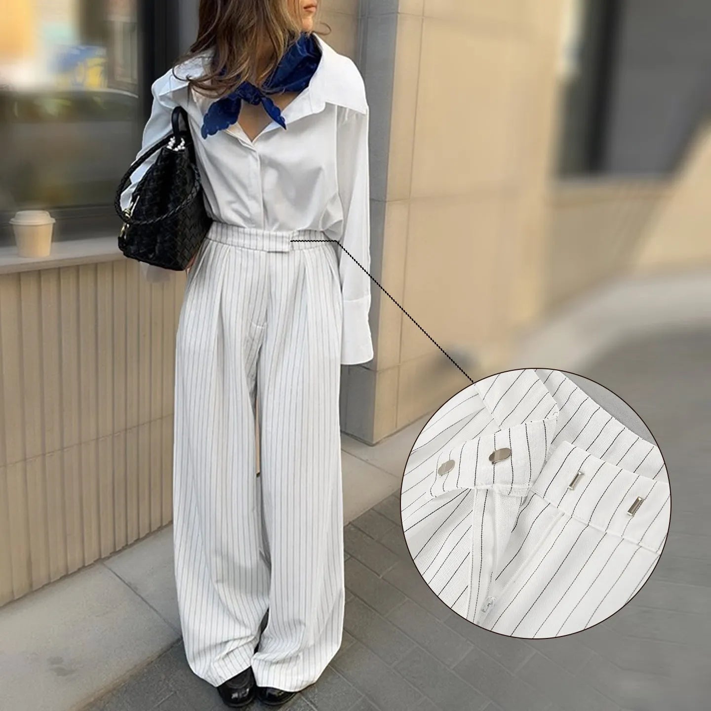 White wide-leg trousers with vertical stripes, loose casual fit, zipper detail, suitable for commuting and office wear