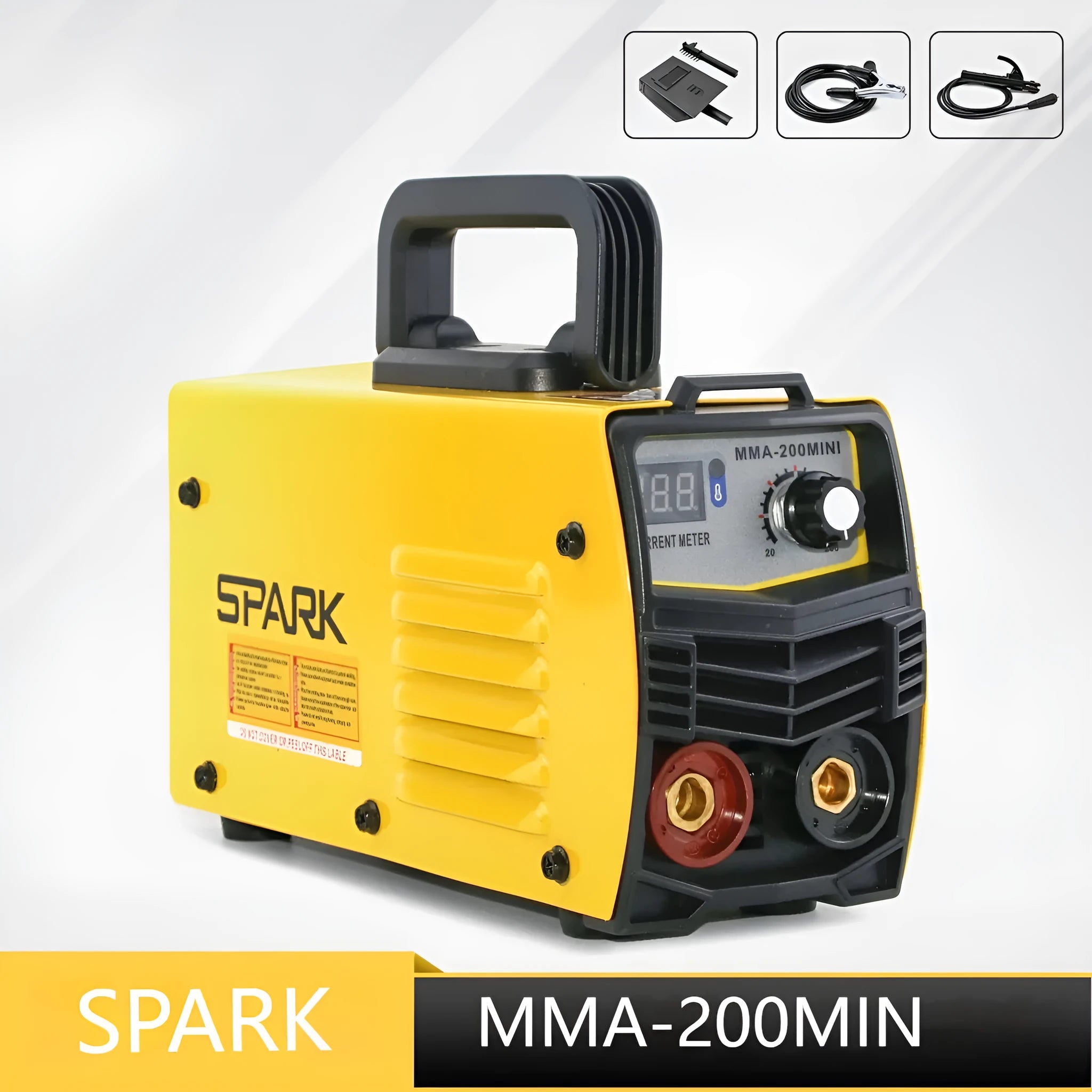 MMA-200MIN 220V DC welding machine with welding tongs, grounding clamps, face shield, and brush hangers